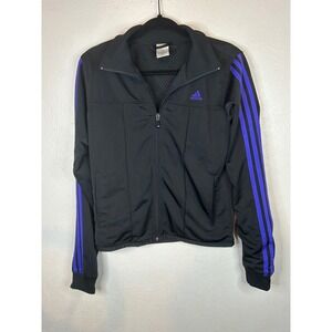 Vintage Adidas Women's Track Jacket Black Purple 3-Stripe Full Zip Medium Y2K